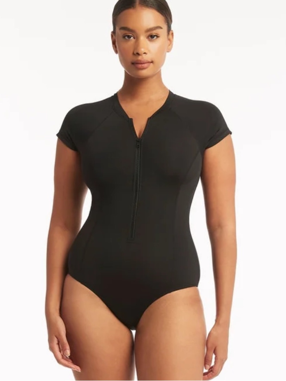 SEA LEVEL Eco Essentials Short Sleeve One Piece Zip Front Black NEW Size 10 L